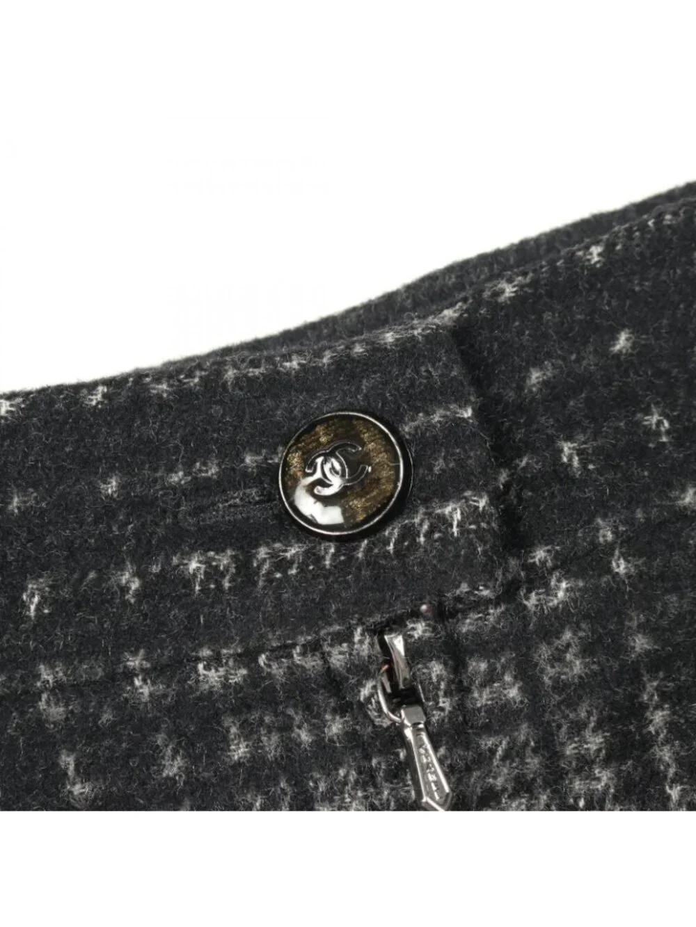 Chanel Skirt CC Logo Button Plaid Black Wool Check
